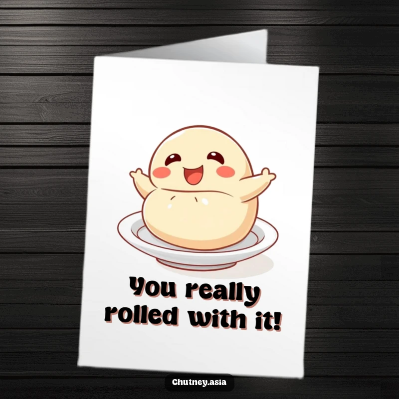 Free printable congratulations card: a delighted dumpling rolls with joy, celebrating their amazing accomplishments.