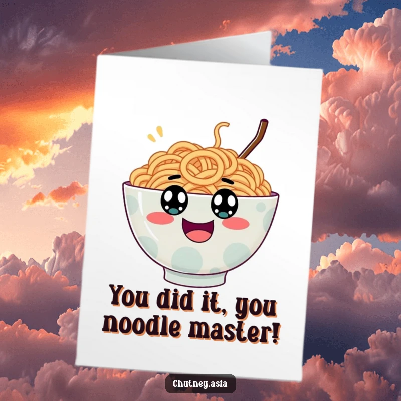 Funny Free Printable Congratulations Card: A wobbly ramen bowl with googly eyes bouncing excitedly, cheering for success.