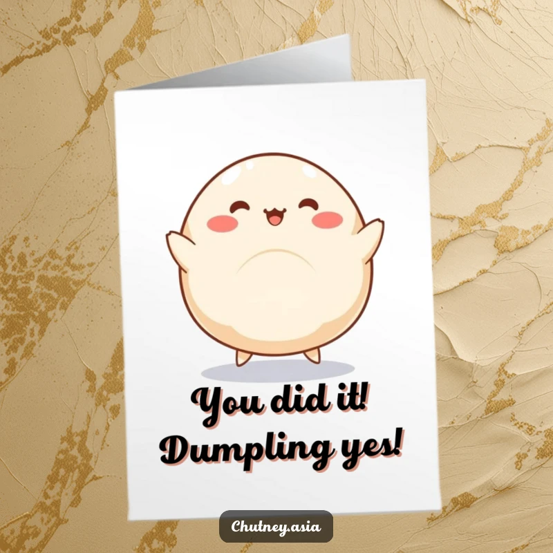 Funny Free Printable Congrats Card: Kawaii dumpling with legs doing a silly dance, celebrating success with a cute, downloadable design.