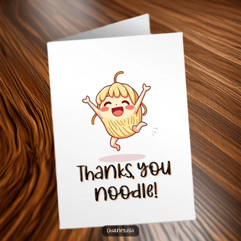 Free Printable Thank You Card: A beaming noodle character does a cartwheel, expressing cheerful thanks.