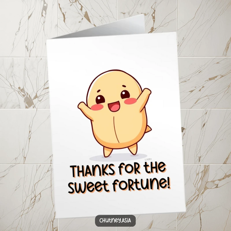 Funny Free Printable Thank You Card: Happy fortune cookie doing a cartwheel, conveying thanks with a lucky, downloadable design.