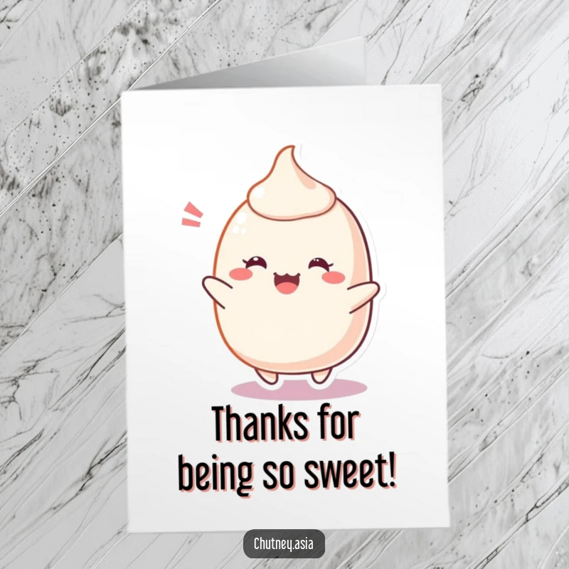 Funny Free Printable Thank You Card featuring a blushing Mochi character bouncing with happy gratitude.