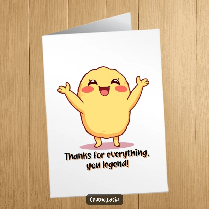 Funny Free Printable Thank You Card featuring a delighted Tempura character doing a thankful shimmy.