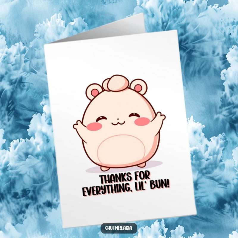 Funny Free Printable Thank You Card: Blushing kawaii bao bun waving enthusiastically, expressing thanks with a cute, downloadable design.