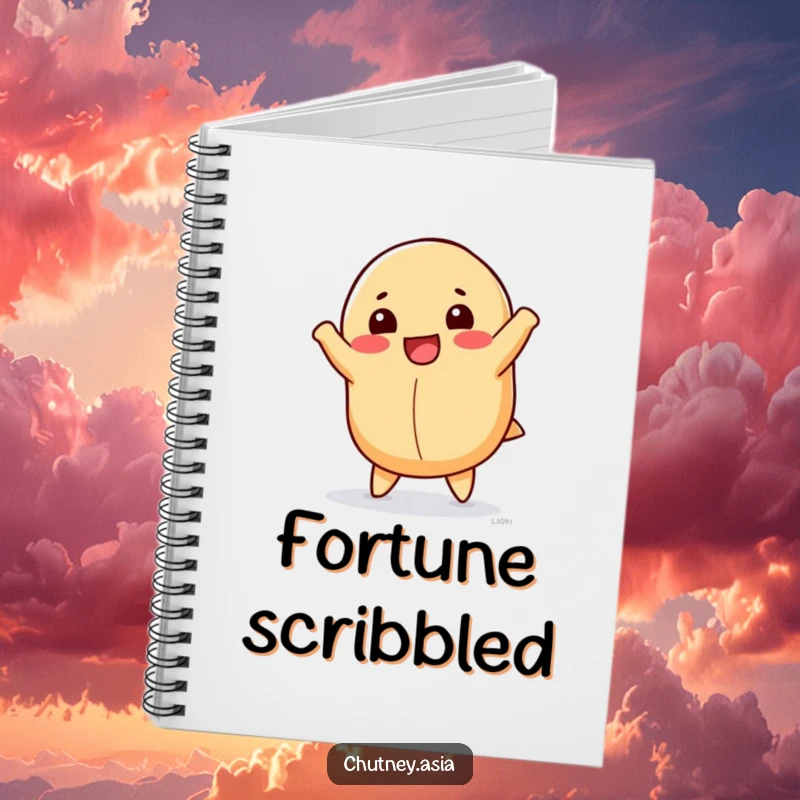 Funny fortune cookie notebook with a happy, anthropomorphic fortune cookie doing a cartwheel, ideal for note-taking.