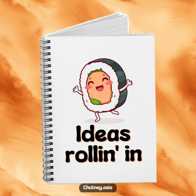 Funny sushi roll notebook with a smiling, anthropomorphic sushi roll doing a playful jig, ideal for note-taking with humor.