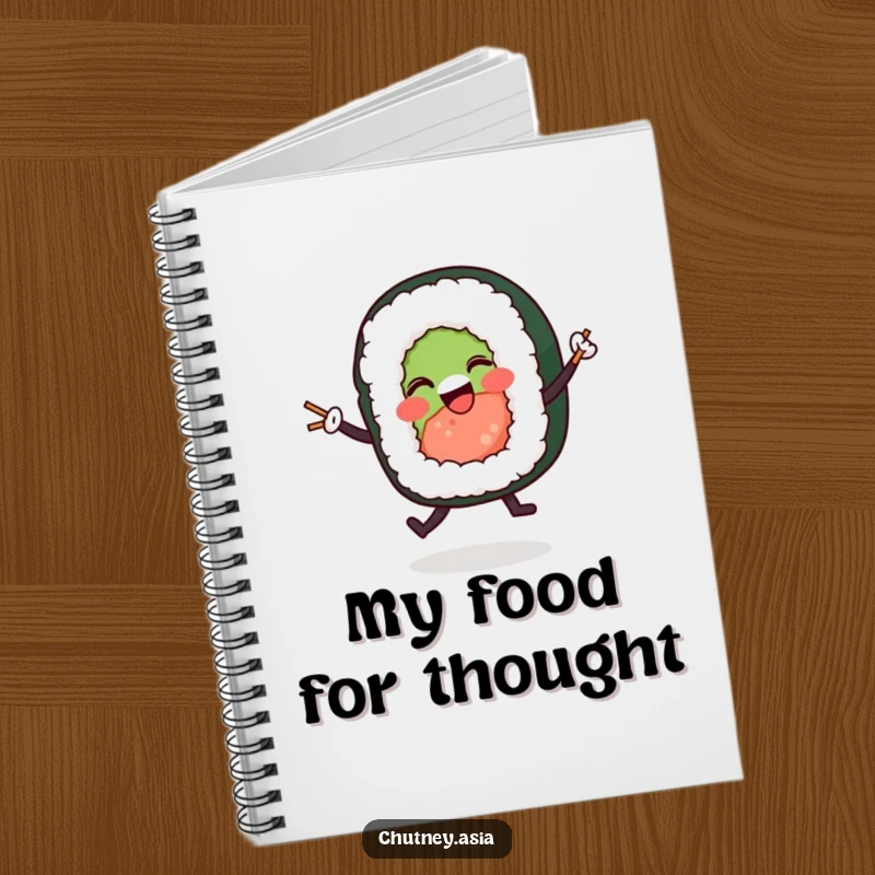 Funny sushi roll dancing notebook designed with a happy character waltzing with tiny chopsticks, ideal for note-taking and doodling.