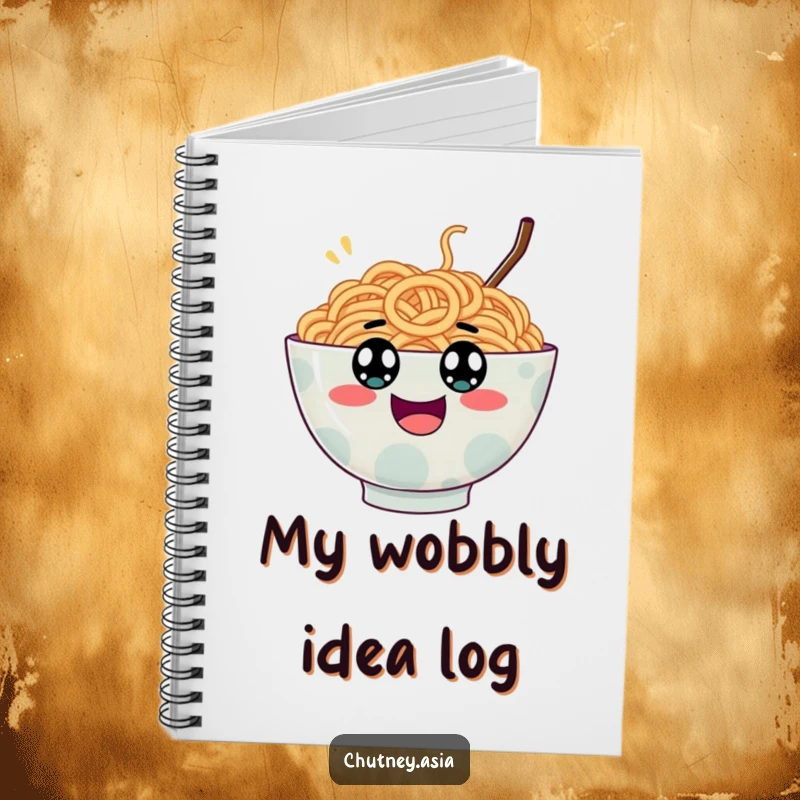 Funny ramen bowl notebook, wobbly with googly eyes, bouncing excitedly, perfect for jotting down thoughts with humor.