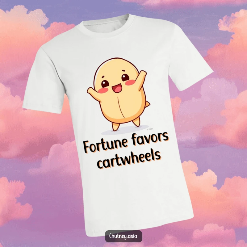 Funny fortune cookie t-shirt with a happy, anthropomorphic fortune cookie doing a cartwheel, celebrating good fortune and fun.