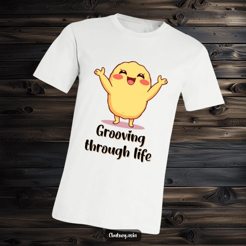 Funny Tempura Shimmy T-Shirt with a delighted, grinning tempura character doing a fun shimmy, capturing pure joy and a quirky sense of humor, a perfect gift.