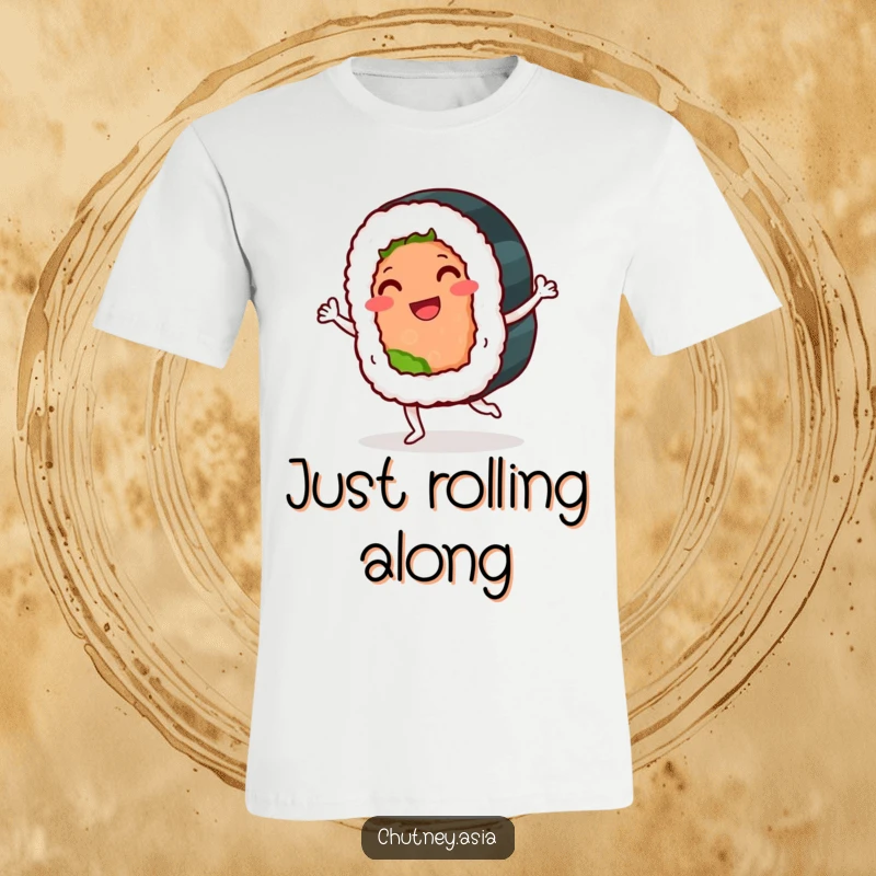 Funny sushi roll t-shirt with a smiling, anthropomorphic sushi roll doing a playful jig, showcasing foodie fun and humor.