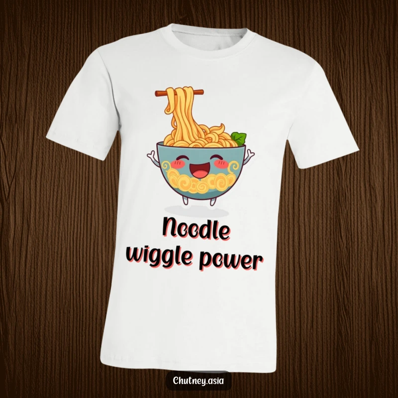 Funny ramen t-shirt with a cheerful, anthropomorphic bowl of ramen noodles wiggling excitedly, showcasing food fun.