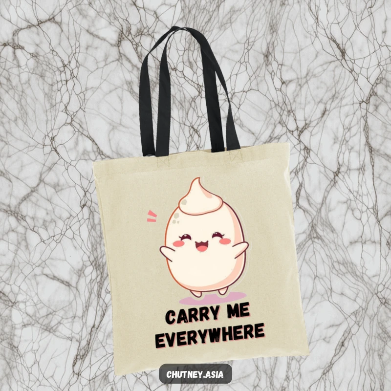 Funny Mochi Tote Bag displaying a cheerful, blushing mochi character bouncing with excitement, ideal for everyday use and a cute funny gift.