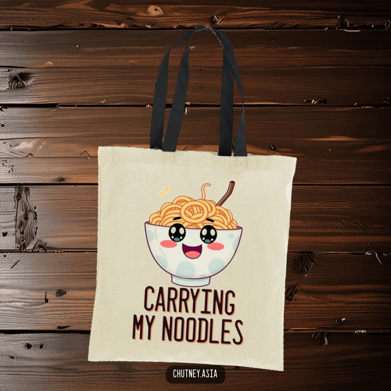 Funny ramen bowl tote bag, wobbly with googly eyes, bouncing with excitement, perfect for carrying daily items humorously.
