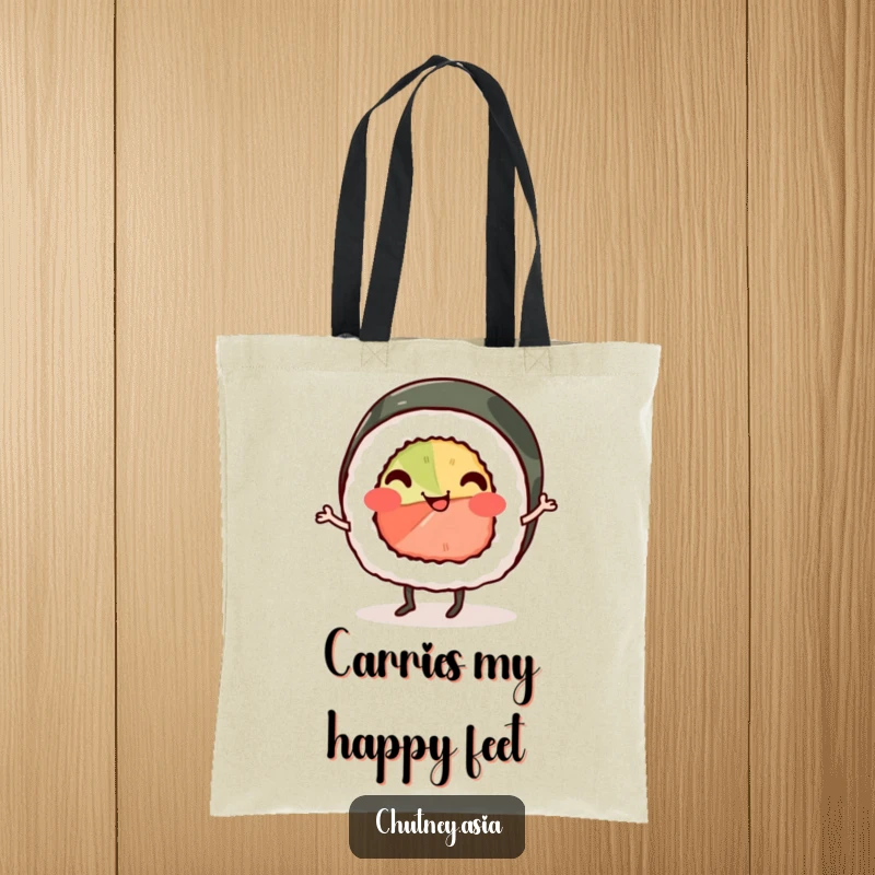 Funny sushi roll tote bag, smiling with tiny legs, doing a lively cheerful jig, sturdy and stylish for daily use.