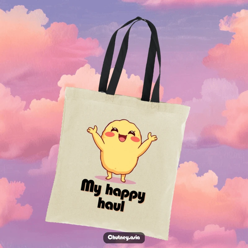 Funny Tempura Shimmy Tote Bag with a delighted, grinning tempura character doing a little shimmy, perfect for shopping and showing off humor, a cute funny gift.