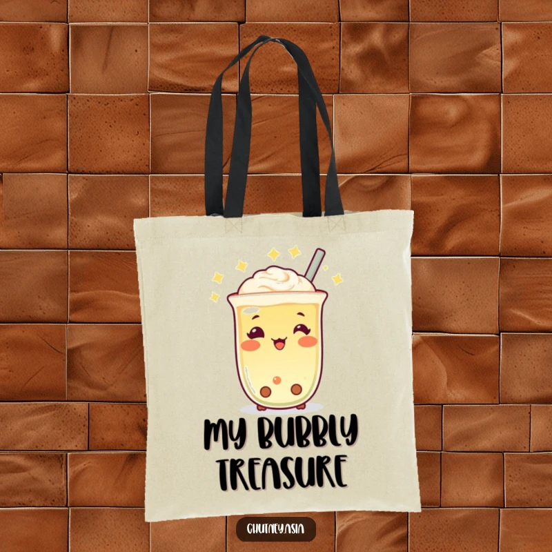 Funny Boba Tea Twinkle Tote Bag with a cheerful, twinkling boba tea character bobbing along, perfect for everyday use and a cute funny gift.