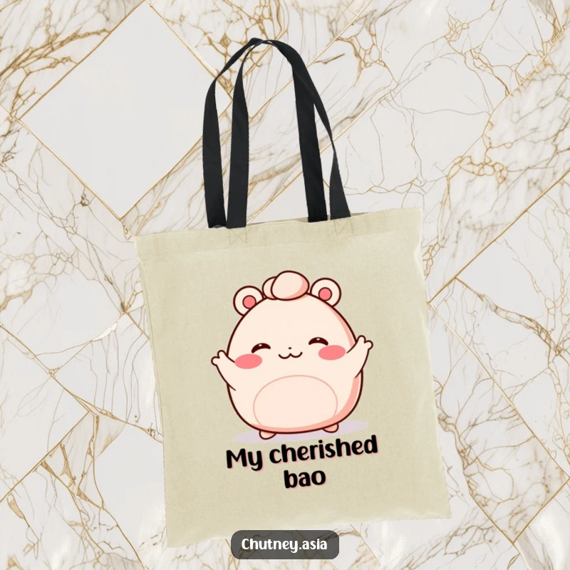 Funny bao bun tote bag with a blushing, kawaii bao bun and tiny arms waving enthusiastically, perfect for stylish carrying.