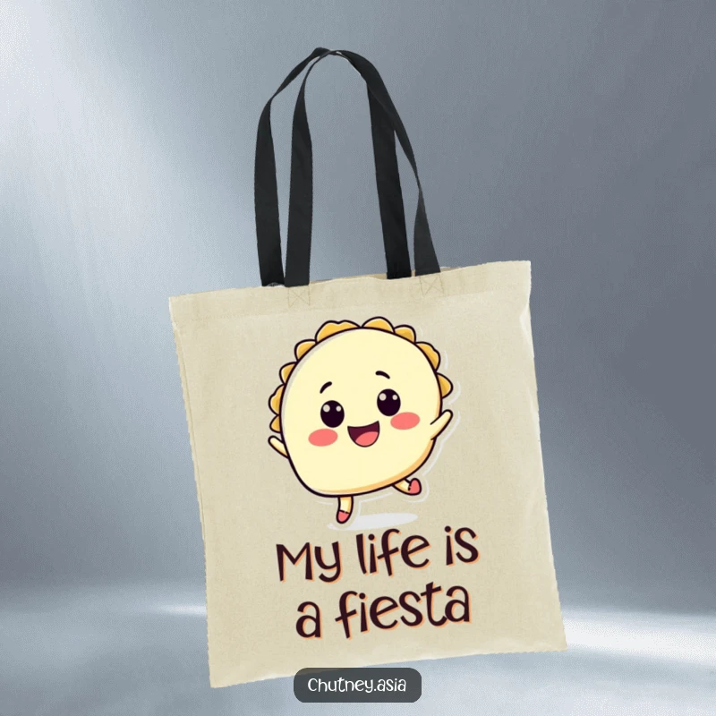 Funny taco jump tote bag with a cheerful taco character mid-air, perfect for carrying groceries or daily essentials with humor.