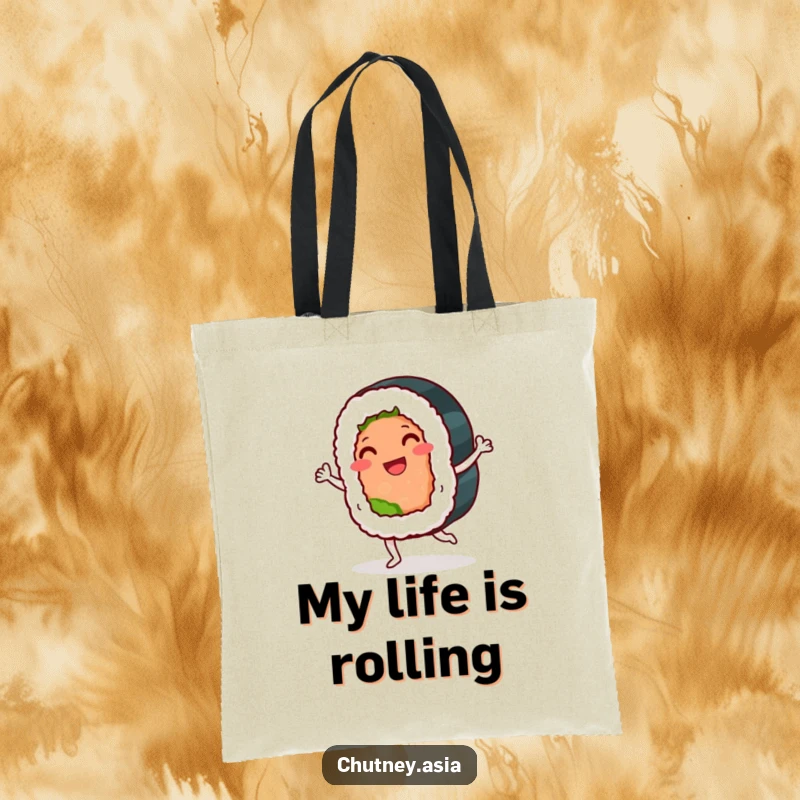 Funny sushi roll tote bag with a smiling, anthropomorphic sushi roll performing a playful jig, ideal for stylish and humorous carrying.