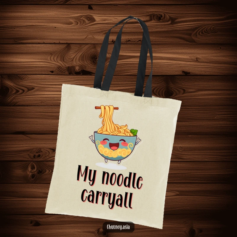 Funny ramen tote bag with a cheerful, anthropomorphic bowl of ramen noodles wiggling excitedly, perfect for stylish carrying.